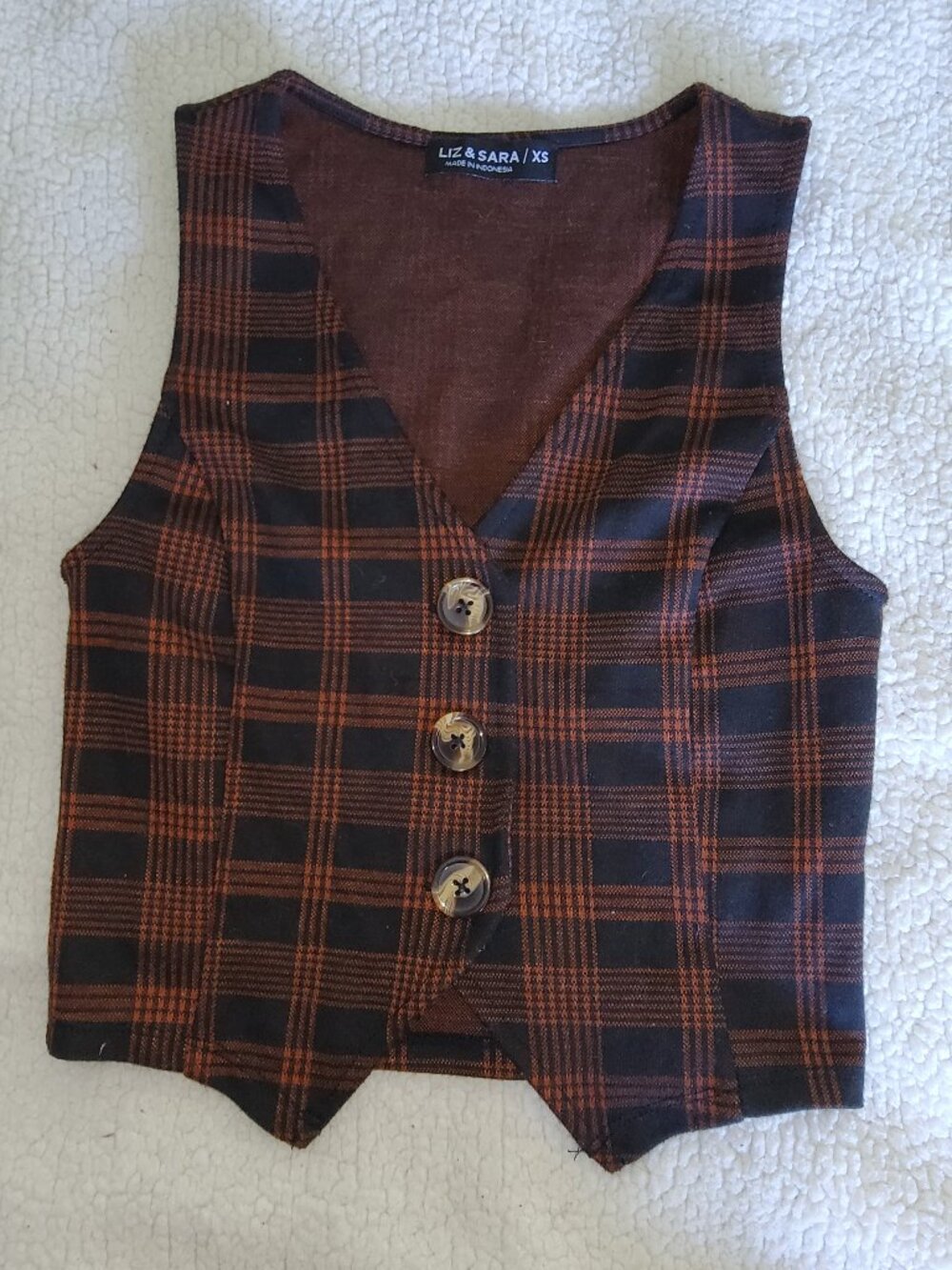 Liz & Sara Plaid Cropped Vest Brown Black Tartan Check Button Down Suit Academia